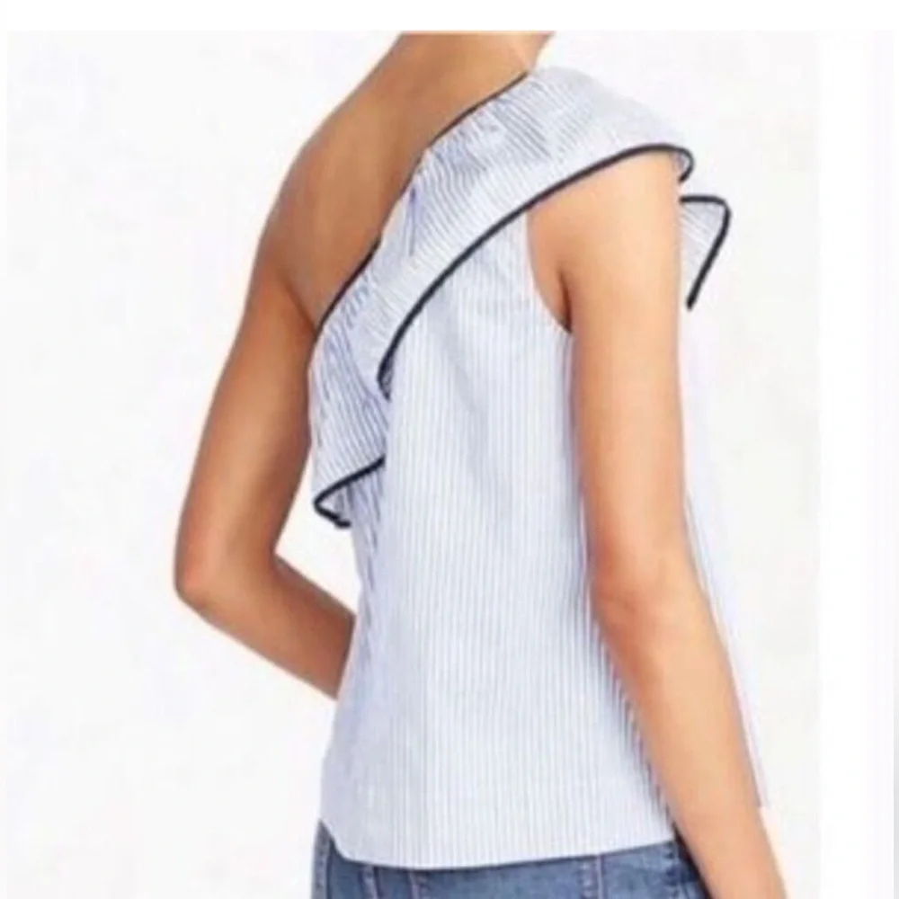 J. Crew One-Shoulder Blue White Pinstripe Ruffle Preppy Summer Coastal Top 2